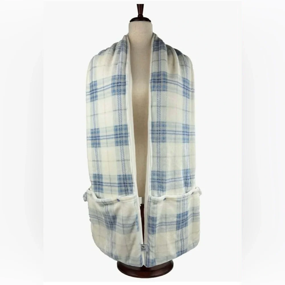 Versatile Blue plaid fleece Scarf with Pockets folds into travel pillow
